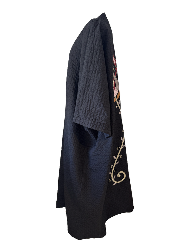 The Winter Abaya with Aghabani Embroidery in Textured Black with Burgundy Embroidery