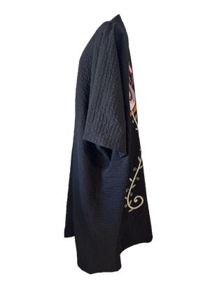 The Winter Abaya with Aghabani Embroidery in Textured Black with Burgundy Embroidery