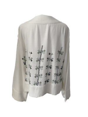 The Embroidered Linen Jacket in White with Mint Green
