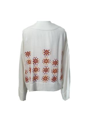 The Embroidered Linen Jacket in White with Pink and Orange