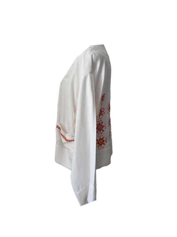 The Embroidered Linen Jacket in White with Pink and Orange