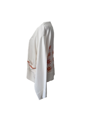 The Embroidered Linen Jacket in White with Pink and Orange