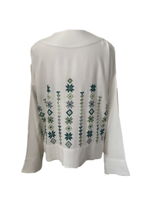 The Embroidered Linen Jacket in White with Green