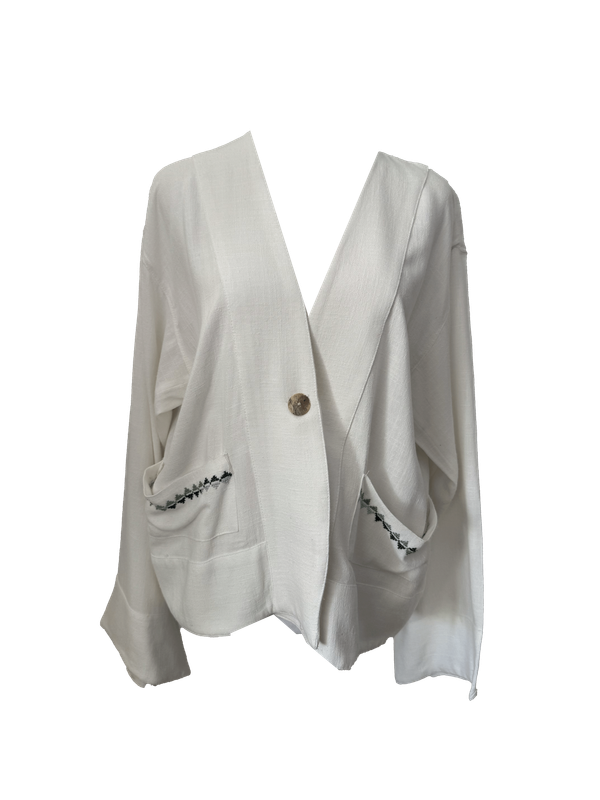 The Embroidered Linen Jacket in White with Mint Green