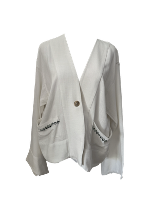 The Embroidered Linen Jacket in White with Mint Green