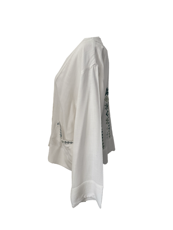 The Embroidered Linen Jacket in White with Green