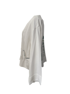 The Embroidered Linen Jacket in White with Green