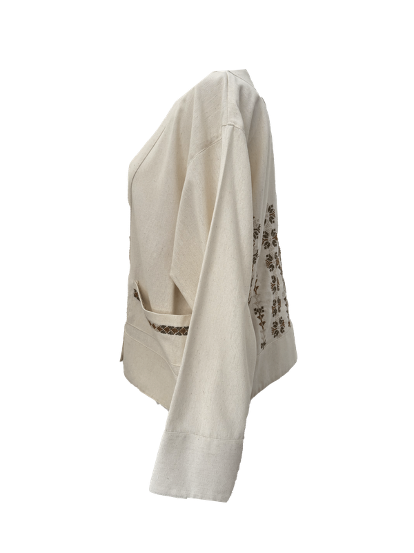 The Embroidered Linen Jacket in Ivory with Olive Green and Brown