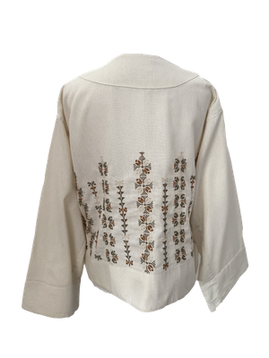 The Embroidered Linen Jacket in Ivory with Olive Green and Brown