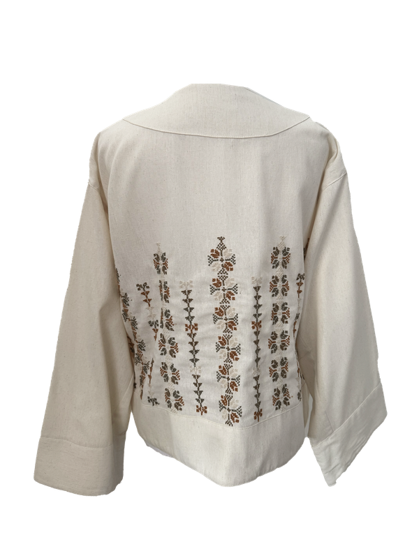 The Embroidered Linen Jacket in Ivory with Olive Green and Brown