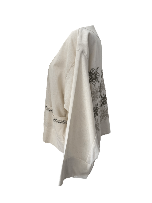 The Embroidered Linen Jacket in Ivory with Beige and Olive Green