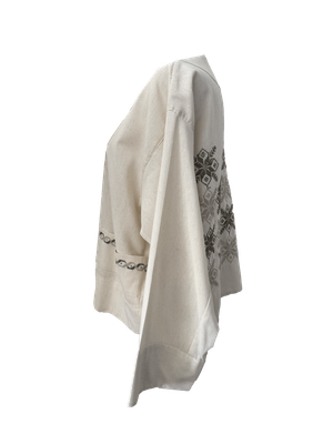 The Embroidered Linen Jacket in Ivory with Beige and Olive Green