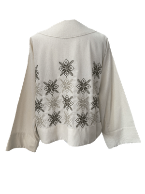 The Embroidered Linen Jacket in Ivory with Beige and Olive Green