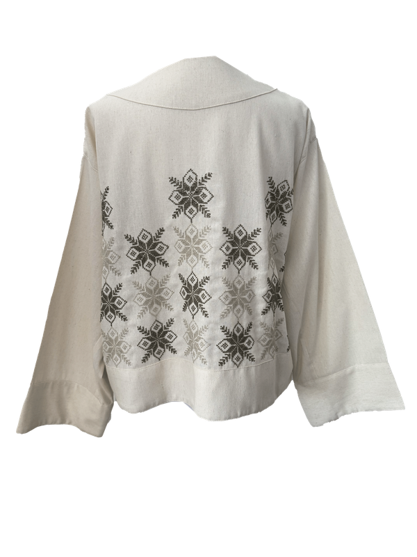 The Embroidered Linen Jacket in Ivory with Beige and Olive Green