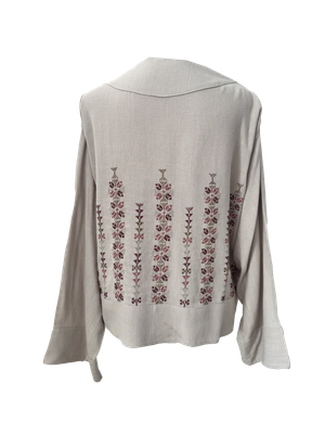 The Embroidered Linen Jacket in Beige with Purple and Beige