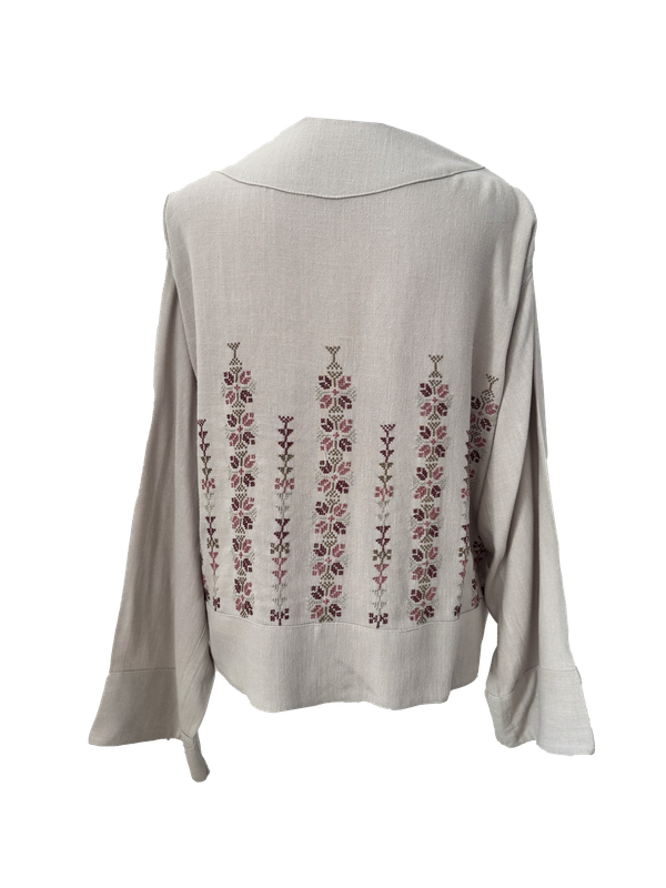 The Embroidered Linen Jacket in Beige with Purple and Beige