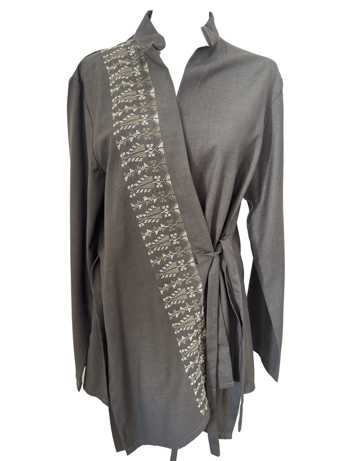 The Hand Embroidered Wrap Shirt in Brown with Olive Green Embroidery