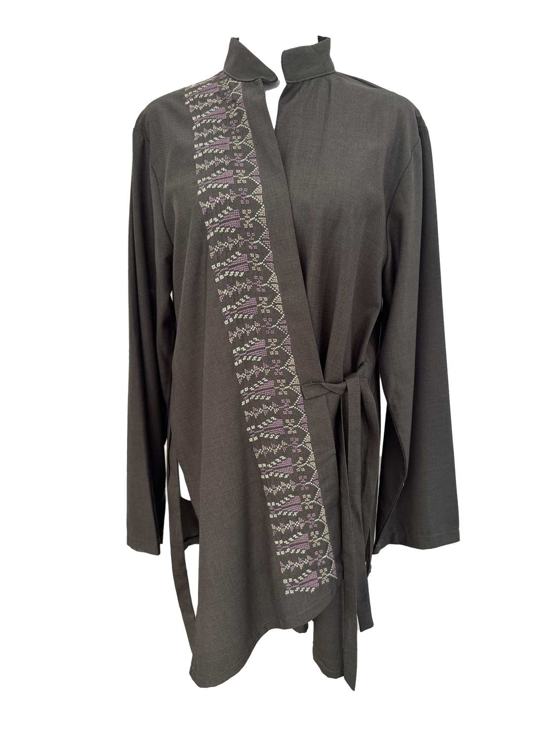 The Hand Embroidered Wrap Shirt in Brown with Purple Embroidery