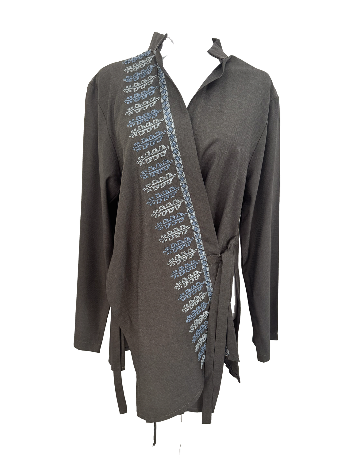 The Hand Embroidered Wrap Shirt in Brown with Blue Embroidery