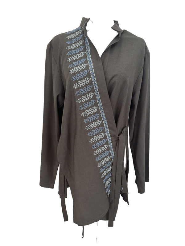 The Hand Embroidered Wrap Shirt in Brown with Blue Embroidery
