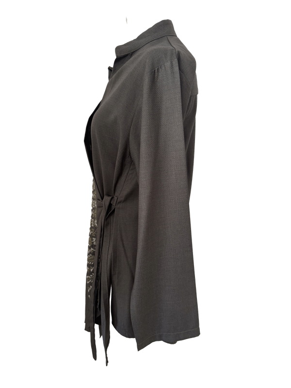 The Hand Embroidered Wrap Shirt in Brown with Blue Embroidery