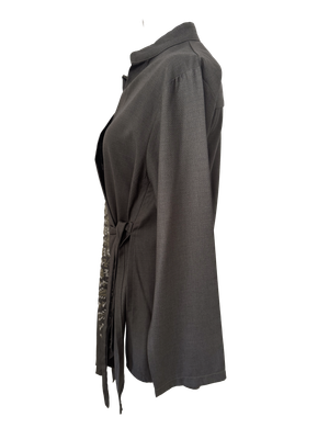 The Hand Embroidered Wrap Shirt in Brown with Blue Embroidery