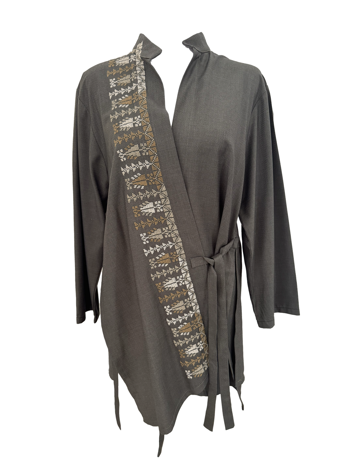 The Hand Embroidered Wrap Shirt in Brown with Beige and Ochre Embroidery