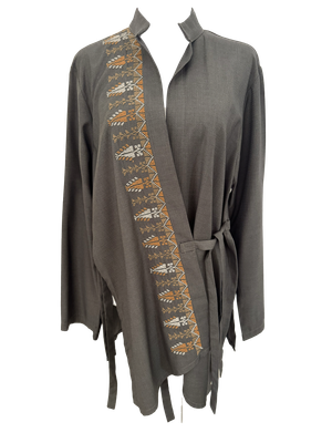 The Hand Embroidered Wrap Shirt in Brown with Orange Embroidery