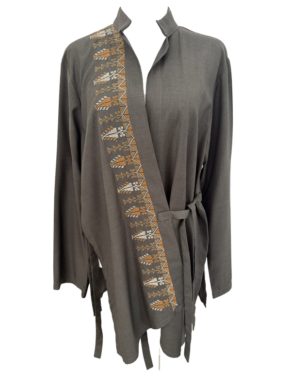 The Hand Embroidered Wrap Shirt in Brown with Orange Embroidery