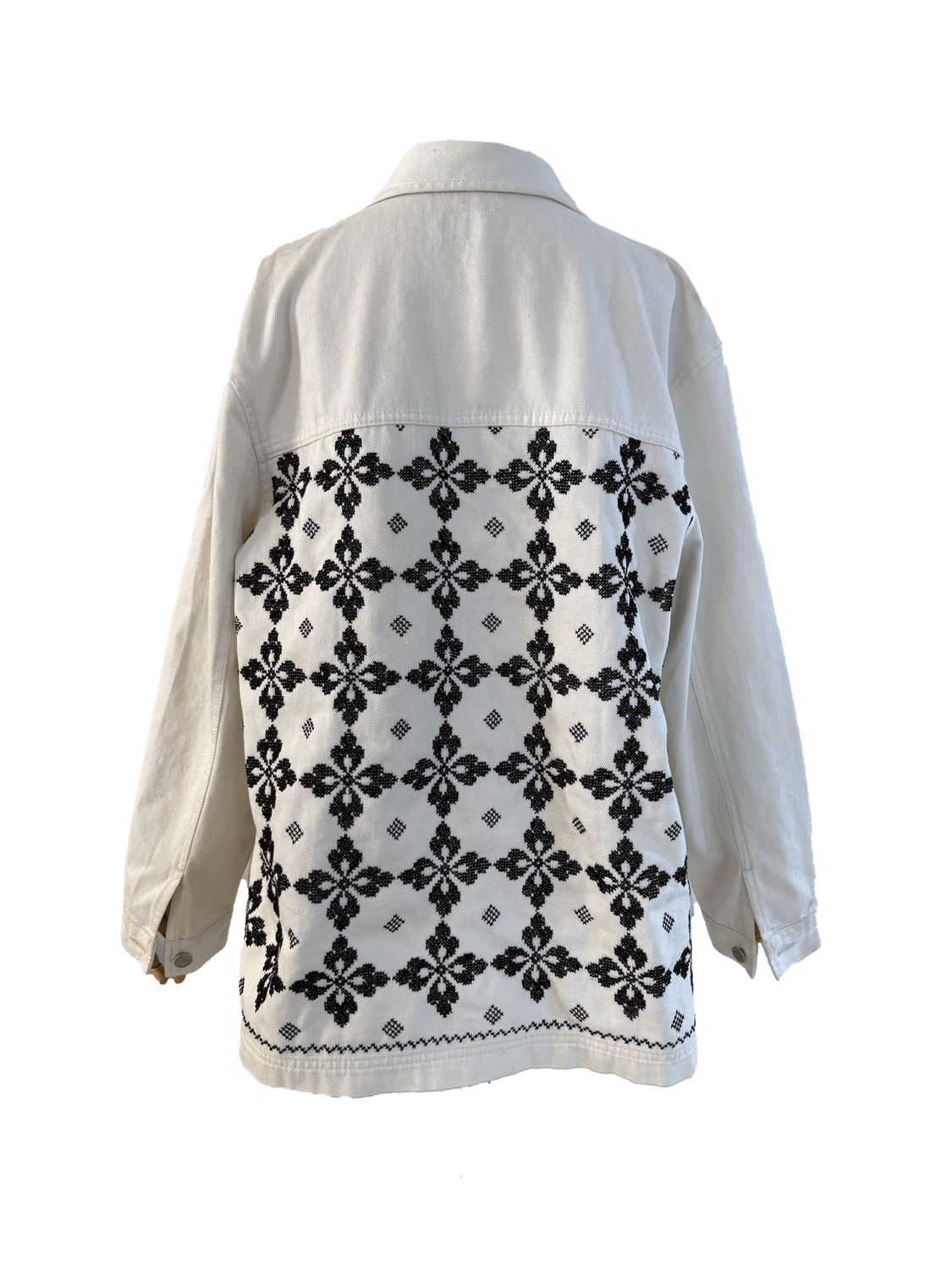 The Heavily Embroidered Denim Jacket in White with Black Embroidery