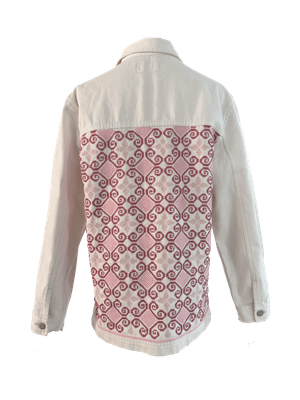The Heavily Embroidered Denim Jacket in White with Pink Embroidery