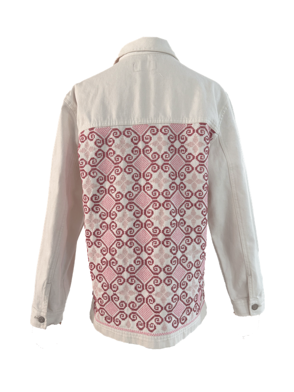 The Heavily Embroidered Denim Jacket in White with Pink Embroidery