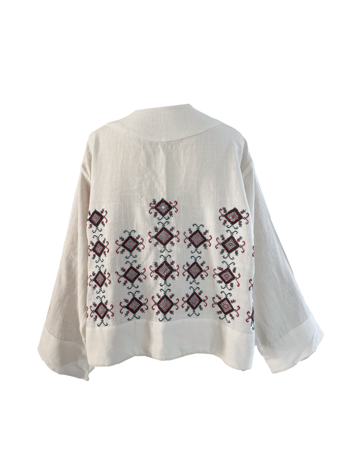 The Embroidered Linen Jacket in White with Red and Teal