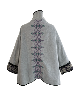 The Round Jacket in Light Grey With Purple Hand Embroidery