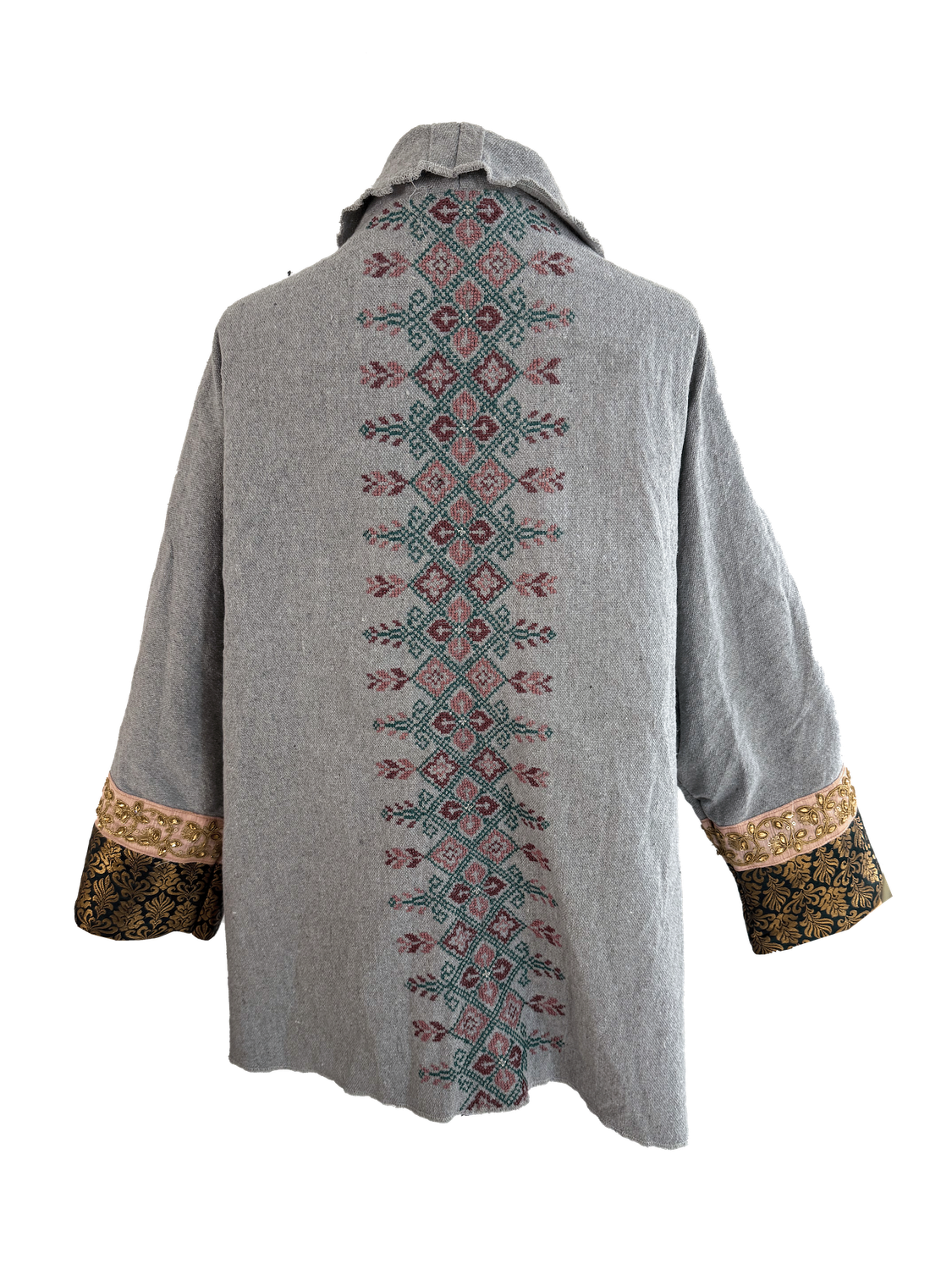 The Round Jacket in Light Grey With Teal Hand Embroidery