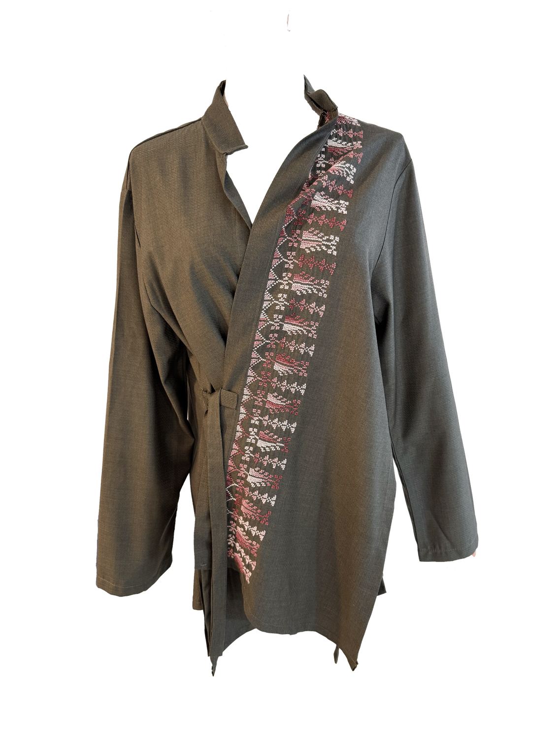 The Hand Embroidered Wrap Shirt in Brown with Pink Embroidery