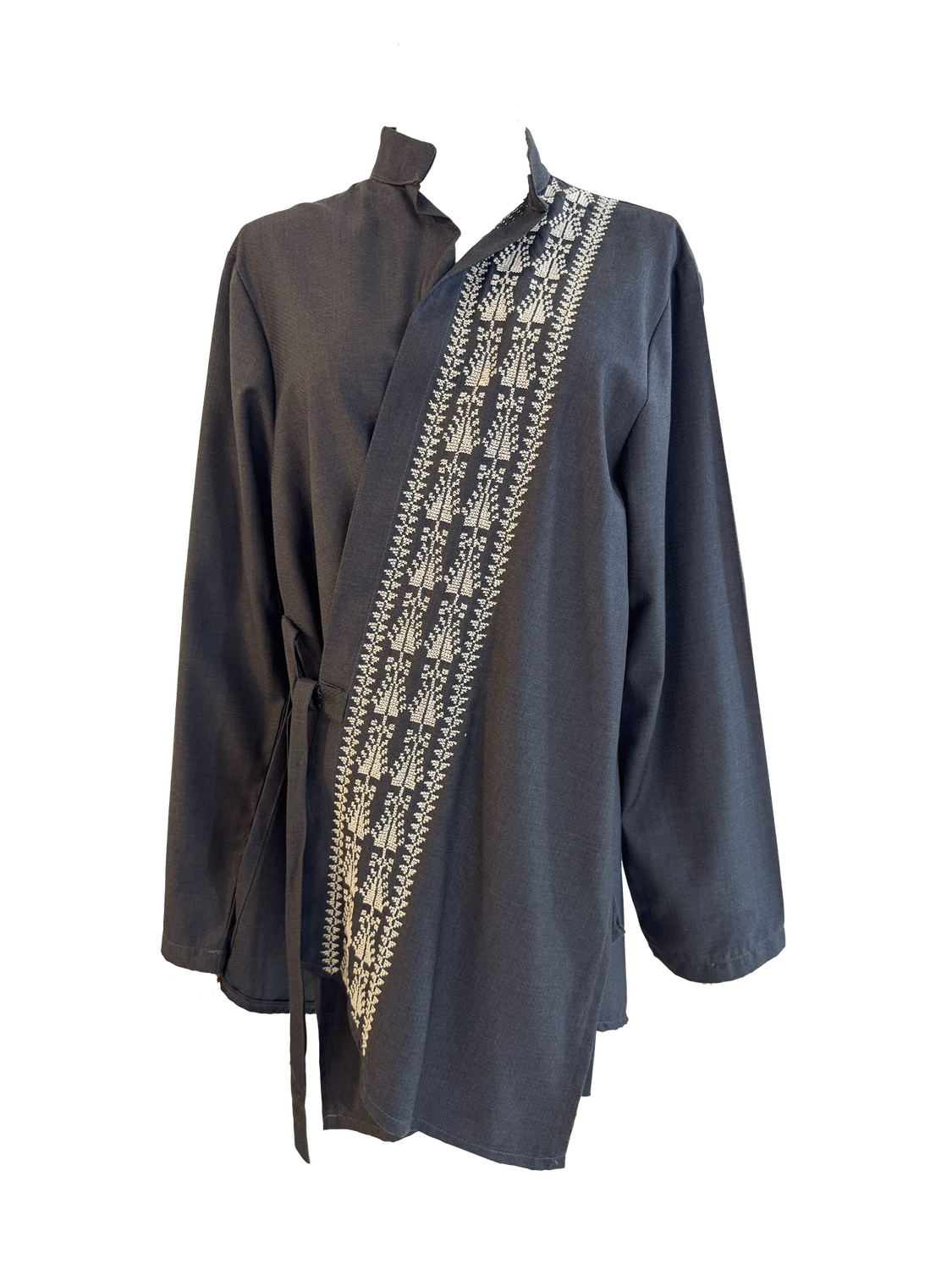 The Hand Embroidered Wrap Shirt in Grey With White Embroidery