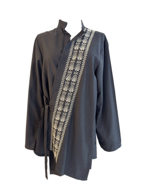 The Hand Embroidered Wrap Shirt in Grey With White Embroidery