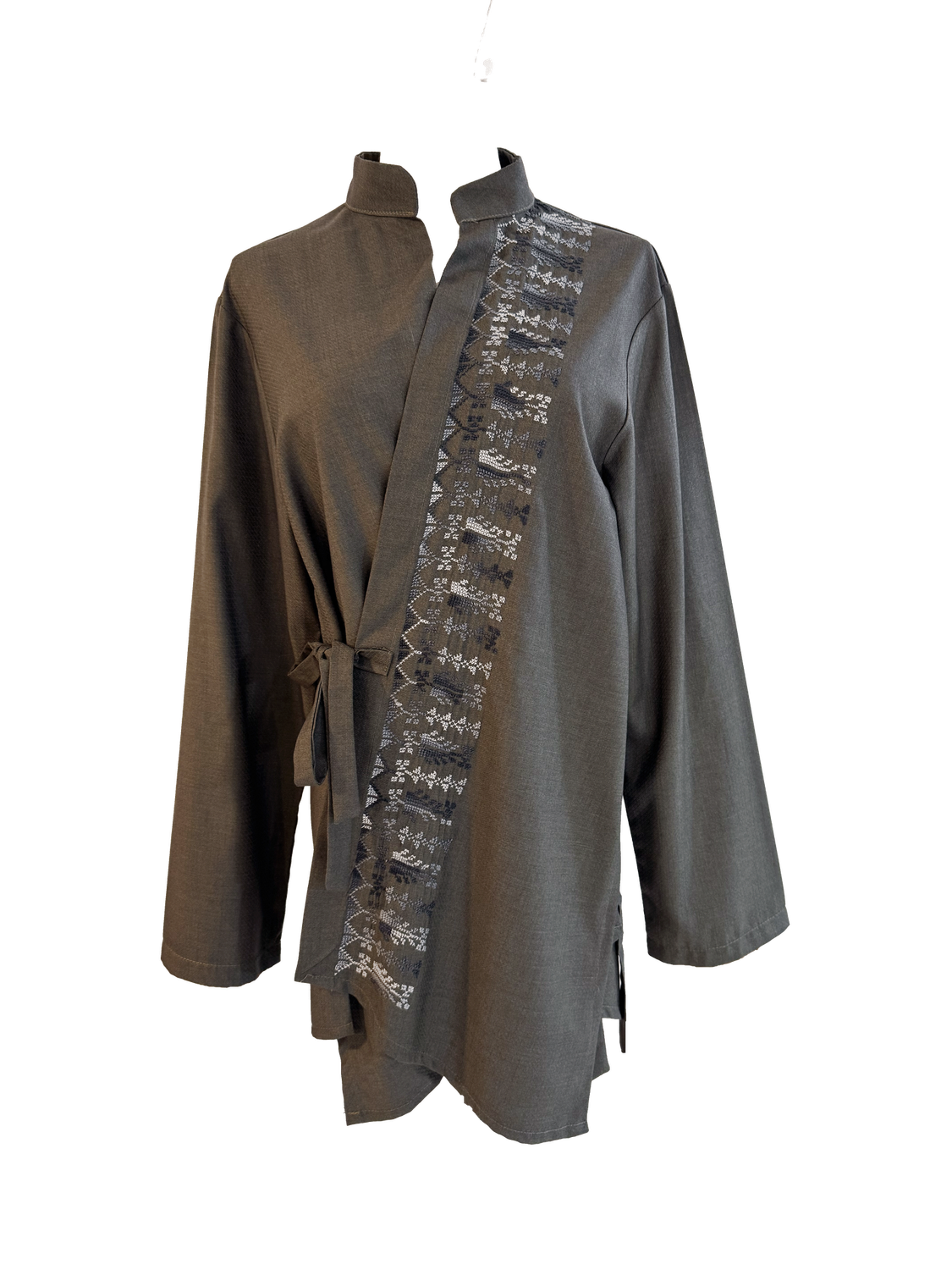 The Hand Embroidered Wrap Shirt in Brown with Black Cypress Embroidery