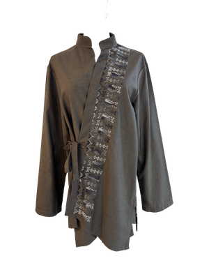 The Hand Embroidered Wrap Shirt in Brown with Black Cypress Embroidery