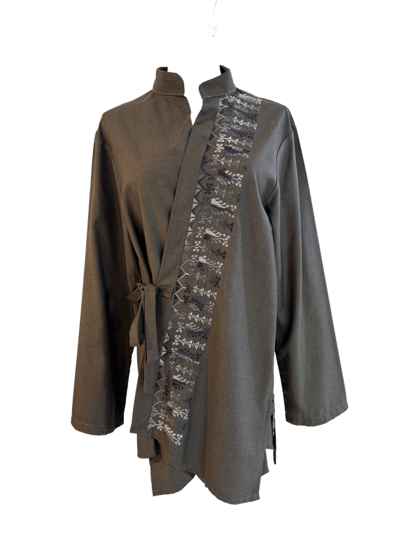 The Hand Embroidered Wrap Shirt in Brown with Black Cypress Embroidery
