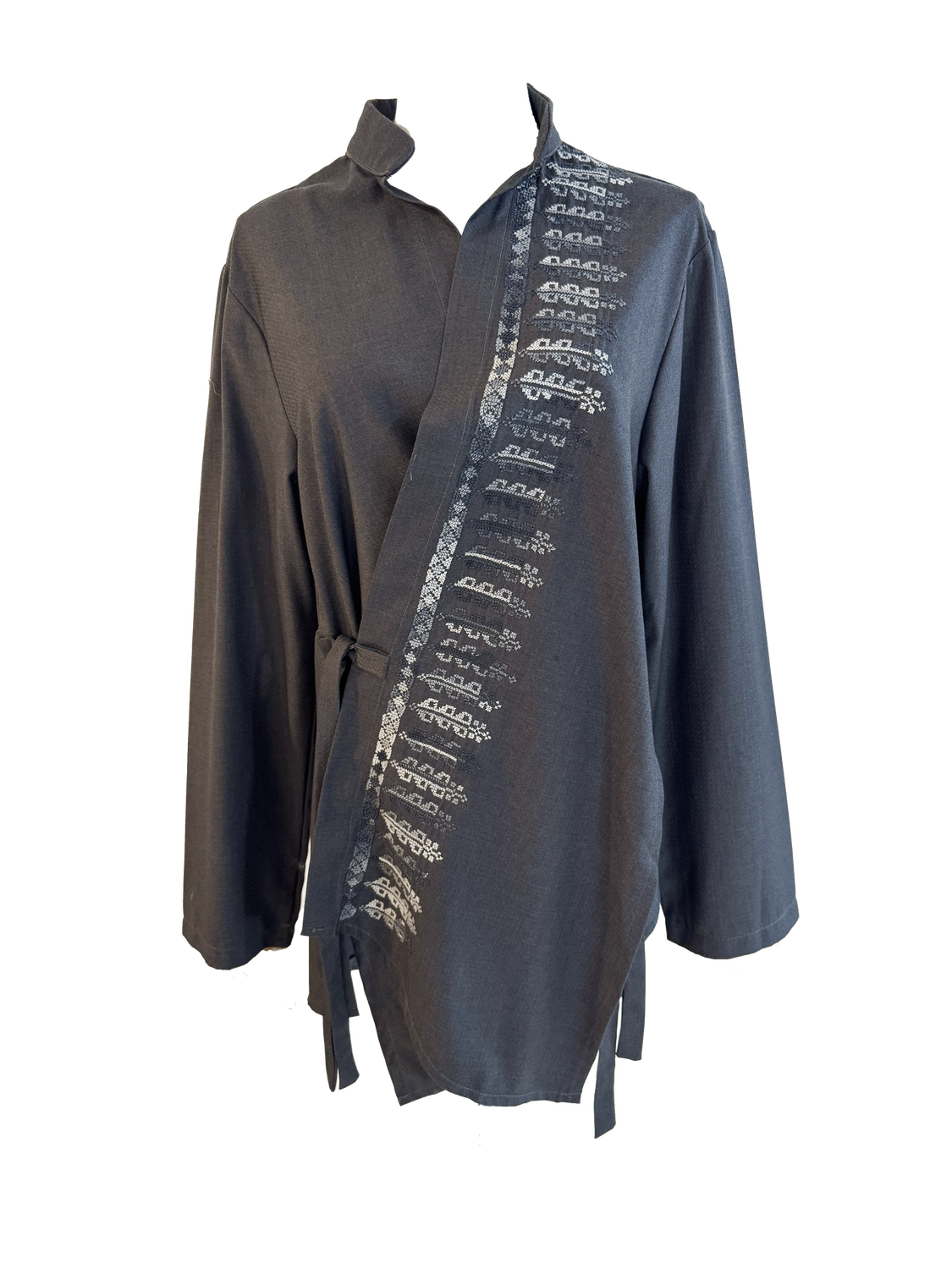 The Hand Embroidered Wrap Shirt in Grey With Black Embroidery