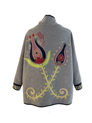 The Round Jacket With Aghabani Embroidery in Grey with Lime Green