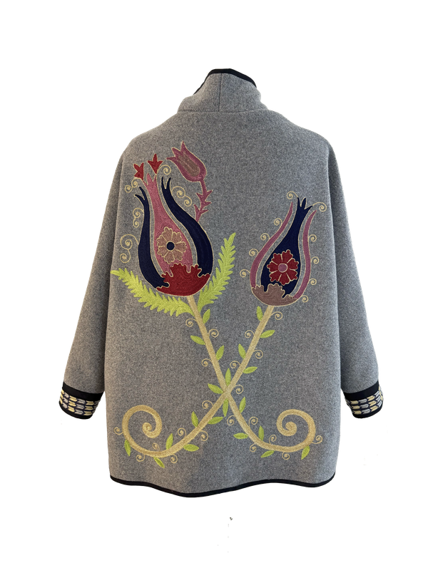 The Round Jacket With Aghabani Embroidery in Grey with Lime Green