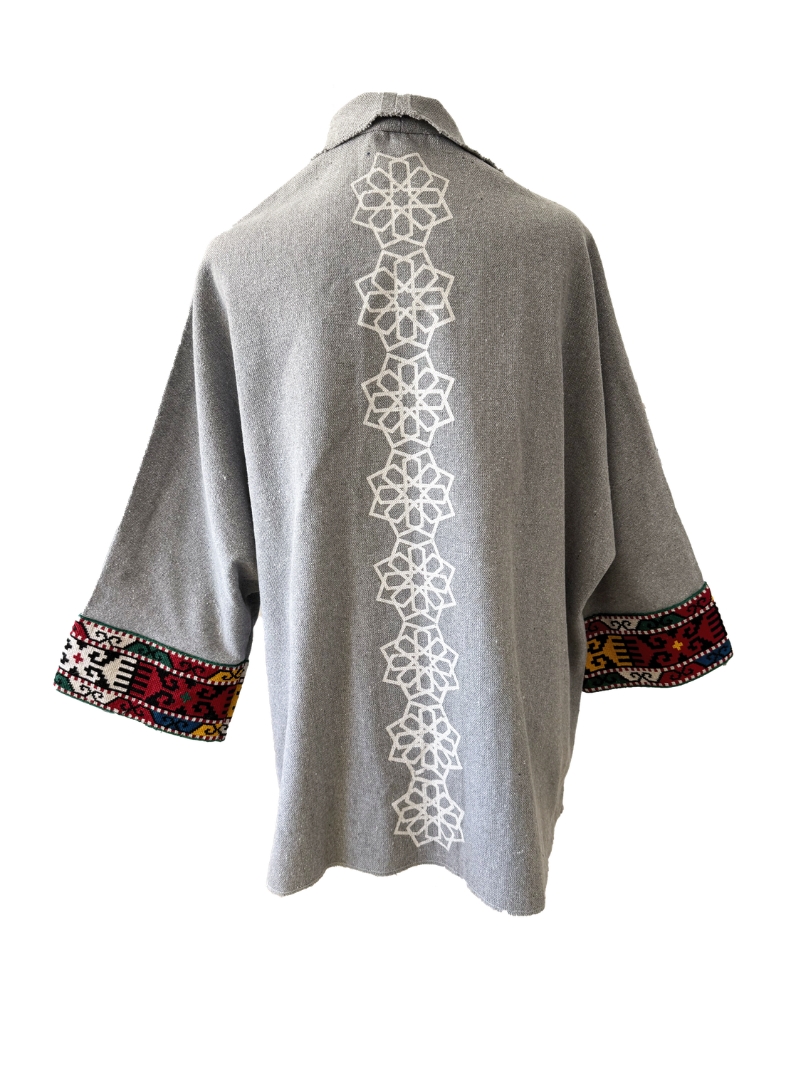 The Round Jacket With Silkscreen in Light Grey, Embroidery Style: Hand Embroidered Cuffs