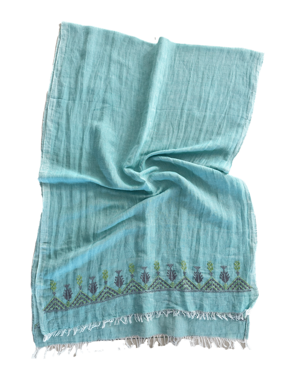 The Embroidered Egyptian Cotton Scarf in Turquoise