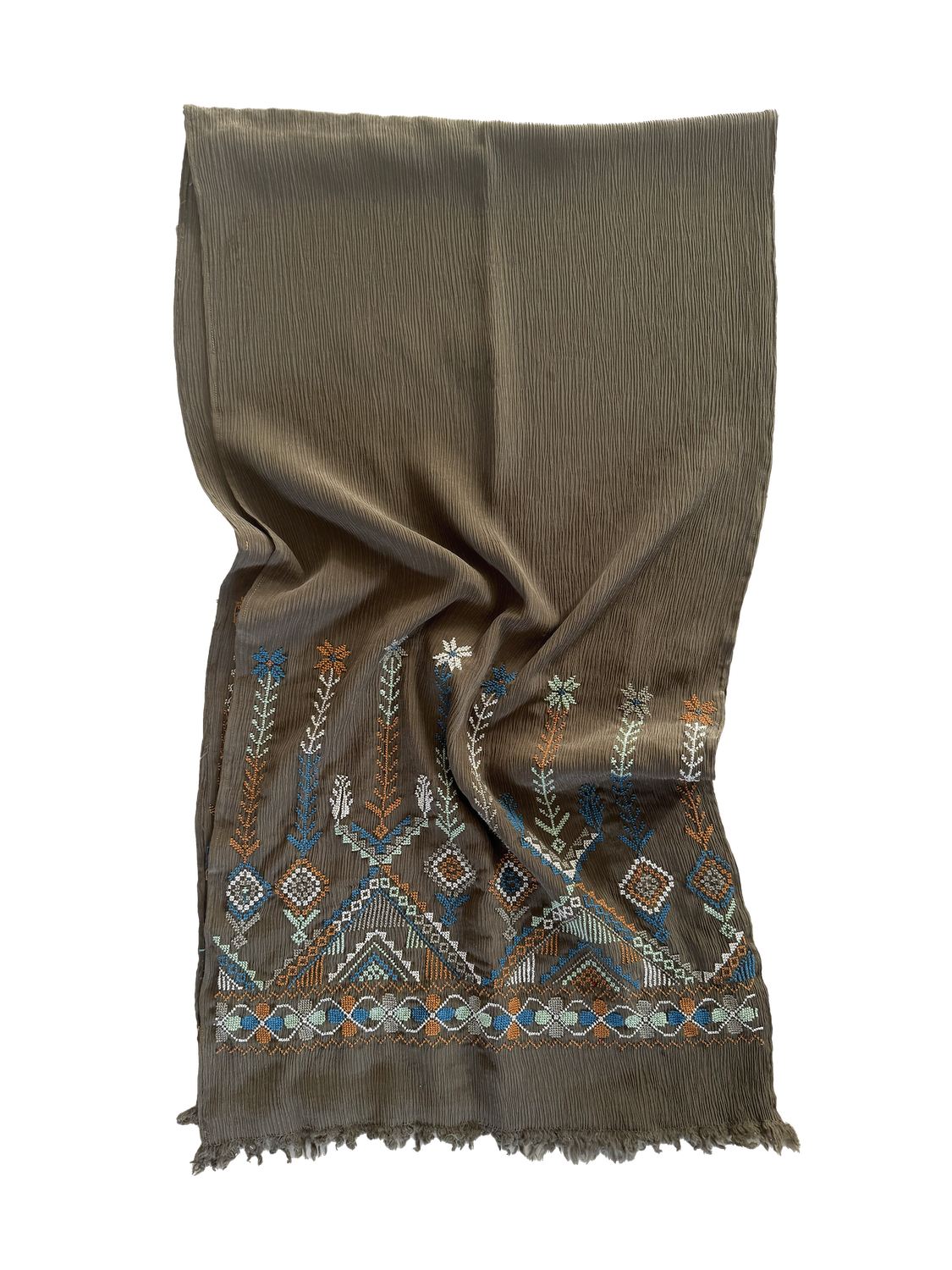 The Embroidered Scarf in Olive Green Silk
