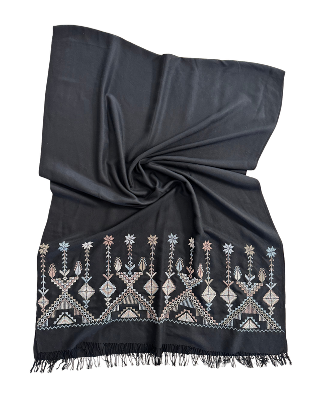 The Embroidered Scarf in Black Wool