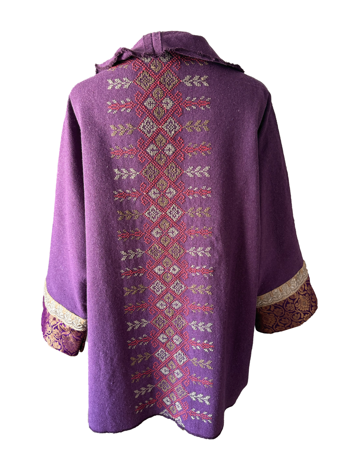 The Round Jacket in Purple Cotton With Red Hand Embroidery