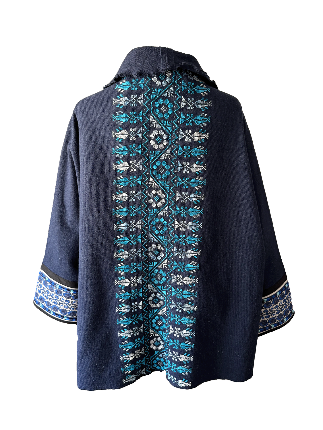 The Round Jacket in Navy Blue Egyptian Cotton With Blue Hand Embroidery